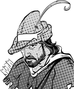 Robin Hood portre. Zayıf savunucusu. Orta Çağ efsaneleri. Orta Çağ efsaneleri kahramanları. Noktalı resim arka plan.