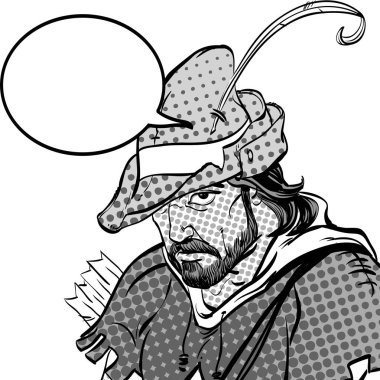 Robin Hood portre. Zayıf savunucusu. Orta Çağ efsaneleri. Orta Çağ efsaneleri kahramanları. Noktalı resim arka plan.