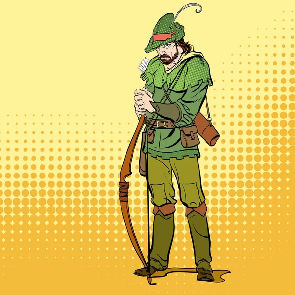 Robin Hood in piedi con arco e frecce. Difensore dei deboli. Leggende medievali. Eroi delle leggende medievali. Mezzatinta sfondo . — Vettoriale Stock