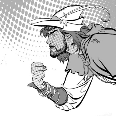 Robin Hood bir yumruk ile. Zayıf savunucusu. Orta Çağ efsaneleri. Orta Çağ efsaneleri kahramanları. Noktalı resim arka plan.