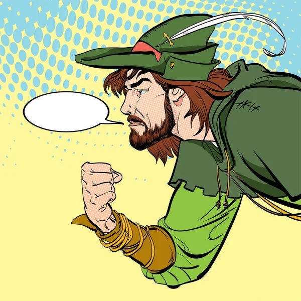 Robin Hood with a fist. Defender of weak. Medieval legends. Heroes of medieval legends. Halftone background. — Stock Vector