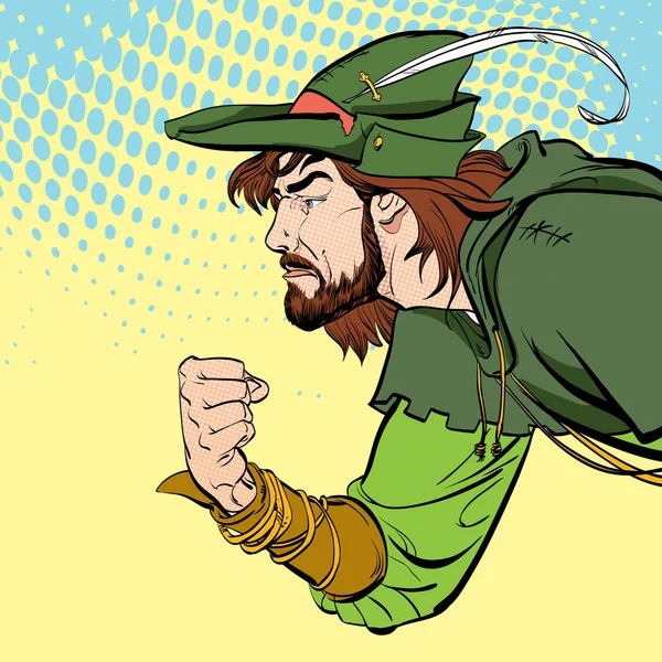 Robin Hood egy ököl. Gyenge védelmezője. Középkori legendák. A középkori legendák hősei. Félárnyék háttér. — Stock Vector