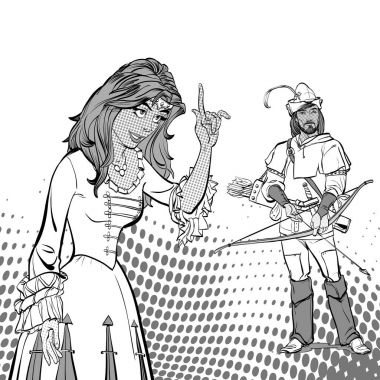 Leydi Marian ve Robin Hood. Ortaçağ efsane. Ortaçağ kadın. Bir parmak işaret bir kız. Bir şeyler açıklamaya bir kadın. Konuşan kadın. Tavsiye veren bir kız.