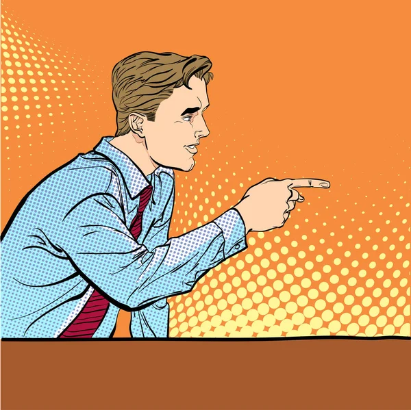 A man pointing a finger. A man explaining something. Speaking man. The man at the podium speaks. Handsome young businessman giving advice. — Stock Vector