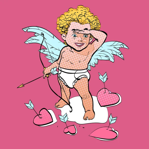 Divertido pequeño Cupido apuntando a alguien. Día de San Valentín — Vector de stock