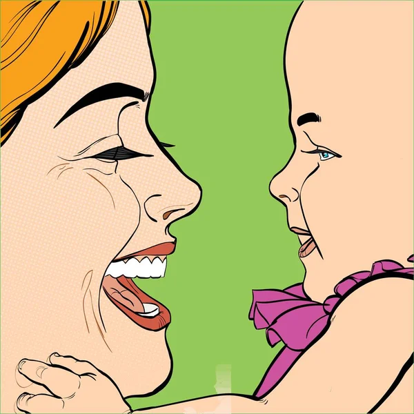 Mom and baby. Young mother with baby. Happy mother with baby. Colorful shiny illustration of a mother playing with her child. Happy Mothers Day celebration. — Stock Vector