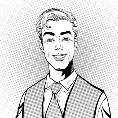 Gülümseyen adam. Mutlu iş adamı. Genç başarılı işadamı çizgi film.