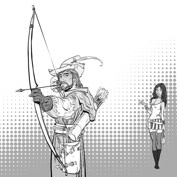 Robin Hood apuntando al objetivo. Leyendas medievales. Héroes de leyendas medievales. Dama en vestido moderno . — Archivo Imágenes Vectoriales