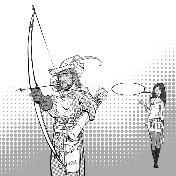 Robin Hood apuntando al objetivo. Leyendas medievales. Héroes de leyendas medievales. Dama en vestido moderno . — Archivo Imágenes Vectoriales