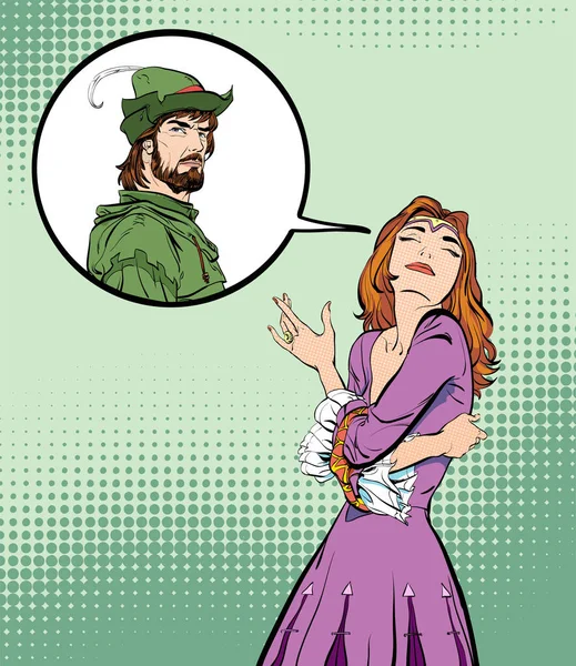 Lady in middeleeuwse kleding. Meisje lacht om een man. Lachen prinses. Middeleeuwse legende. Middeleeuwse vrouw. Robin Hood. — Stockvector