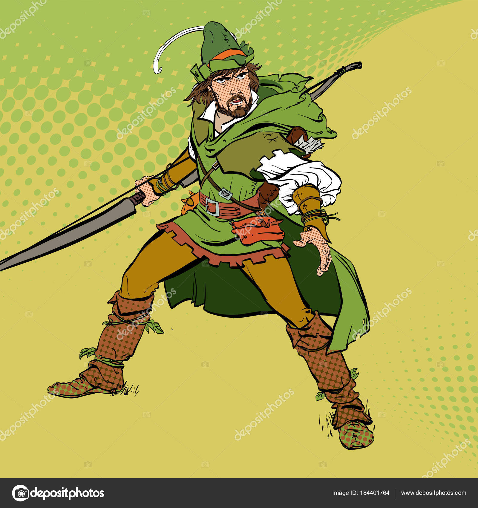 로빈 후드 활과 화살에와 서입니다. 매 복에서 로빈 후드입니다. 약한의 수비수입니다. 중세 전설입니다. 중세 전설의 영웅입니다. 하프톤  배경. 스톡 벡터 - ©komarova1946@gmail.com 184401764