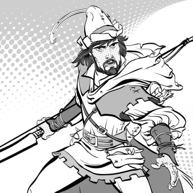 Robin Hood dururken yay ve ok. Robin Hood pusuda. Zayıf savunucusu. Orta Çağ efsaneleri. Orta Çağ efsaneleri kahramanları. Noktalı resim arka plan.