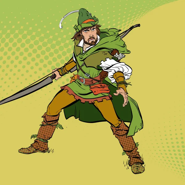 Robin Hood in piedi con arco e frecce. Robin Hood in agguato. Difensore dei deboli. Leggende medievali. Eroi delle leggende medievali. Mezzatinta sfondo . — Vettoriale Stock