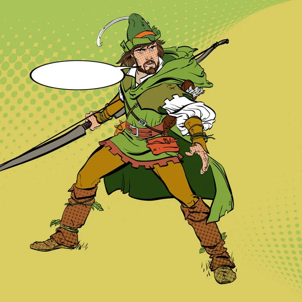 Robin Hood stojící s lukem a šípy. Robin Hood v záloze. Ochránce slabé. Středověké legendy. Hrdinové středověkých legend. Polotónování pozadí. — Stockový vektor