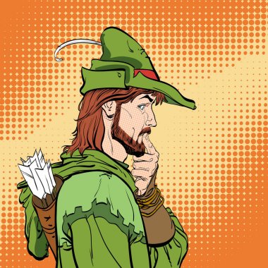 Sürpriz Robin Hood. Robin Hood. Zayıf savunucusu. Orta Çağ efsaneleri. Orta Çağ efsaneleri kahramanları. Noktalı resim arka plan. Şaşırmış adam.