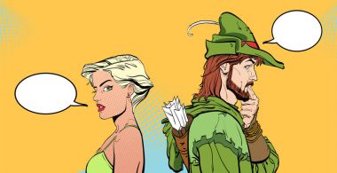 Erkek ve kadın. Çift bir şey düşünmeye. Sürpriz çifti. Modern kız ve Ortaçağ efsane. Robin Hood. Zayıf savunucusu. Orta Çağ efsaneleri kahramanları. Noktalı resim arka plan. Şaşırmış adam.