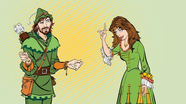 Man and woman. Princess teaching Robin Hood. Teaching princess. Lady in medieval dress. Medieval legend. Medieval woman. Robin Hood. — Stock Vector