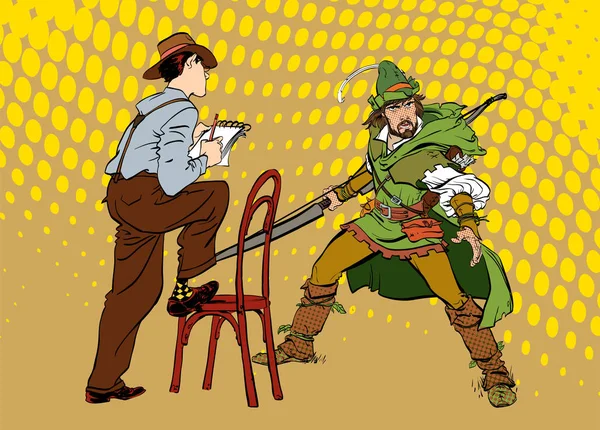 El periodista escribe el texto. Periodista entrevistando a Robin Hood. Periodista retro . — Vector de stock