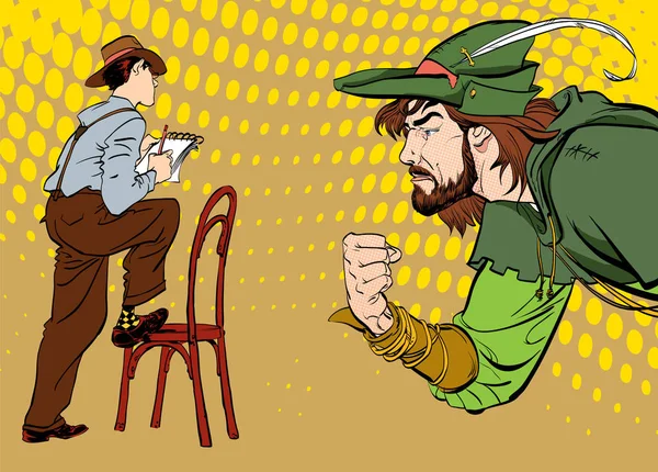 Journalisten skriver texten. Journalisten intervjuar Robin Hood. Retro journalist. — Stock vektor