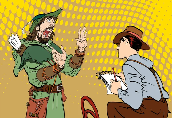 O jornalista escreve o texto. Jornalista entrevistando Robin dos Bosques. Robin Hood a contar fábulas. Jornalista retro . — Vetor de Stock