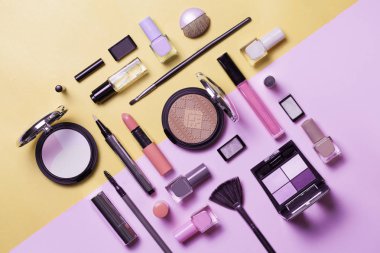 Güzellik, Dekoratif kozmetik. Makyaj fırçaları ayarla ve renk göz farı palet pembe ve mavi arka plan, düz yatıyordu, en iyi görünüm, minimalist tarzı