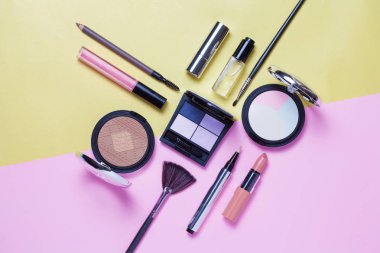 Güzellik, Dekoratif kozmetik. Makyaj fırçaları ayarla ve renk göz farı palet pembe ve mavi arka plan, düz yatıyordu, en iyi görünüm, minimalist tarzı