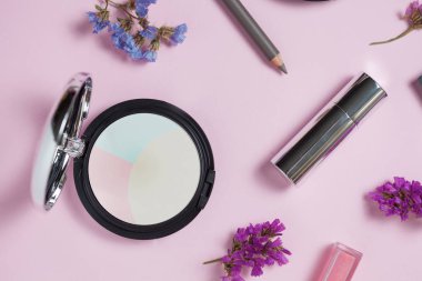 Güzellik, Dekoratif kozmetik. Makyaj fırçaları ayarla ve renk göz farı palet pembe ve mavi arka plan, düz yatıyordu, en iyi görünüm, minimalist tarzı