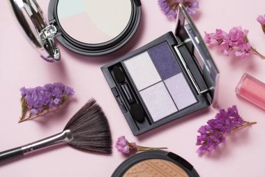 Güzellik, Dekoratif kozmetik. Makyaj fırçaları ayarla ve renk göz farı palet pembe bir arka plan üzerinde düz yatıyordu, en iyi görünüm, minimalist tarzı
