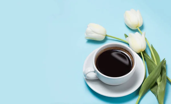 Чашка кави та білі тюльпани на синьому фоні . — стокове фото