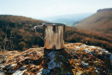 Dağ orman rock metal bardakta. Sonbahar renkleri, yakın çekim, boşaltmak. güzel manzara