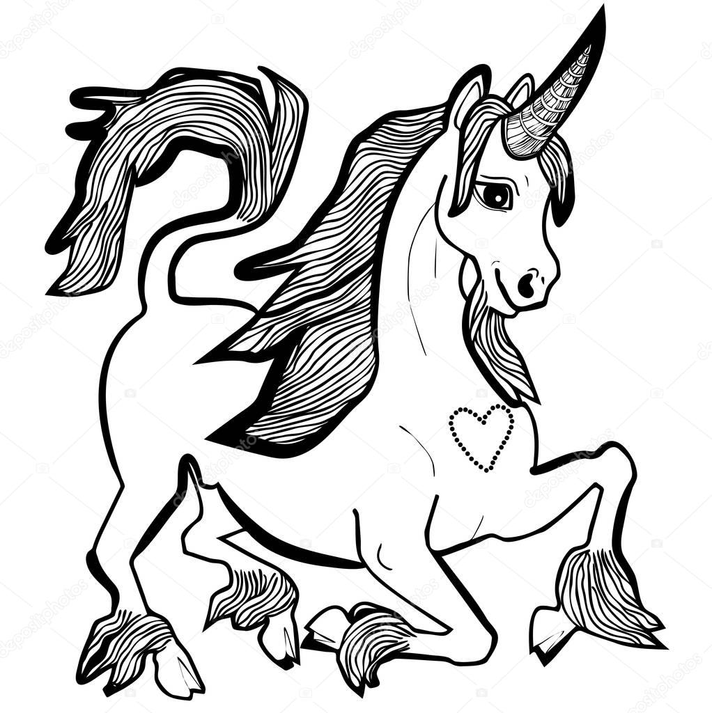 Vector illustration of lovely unicorn black and white 