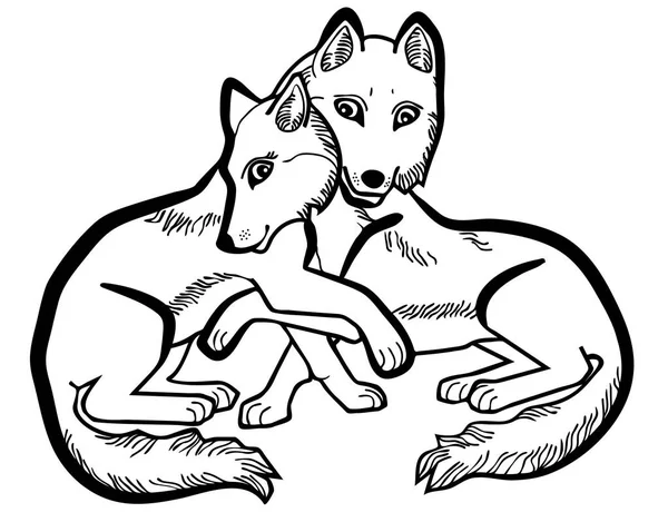 Illustration vectorielle de loups mignons amoureux noir et blanc — Image vectorielle