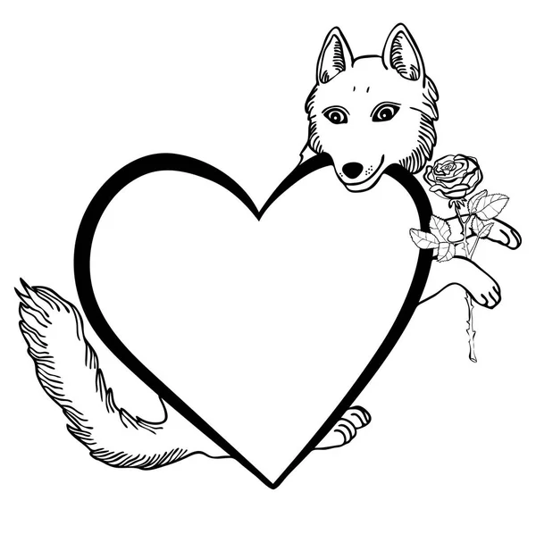 Illustration vectorielle du loup valentin avec cadre en coeur et rose noir et blanc — Image vectorielle