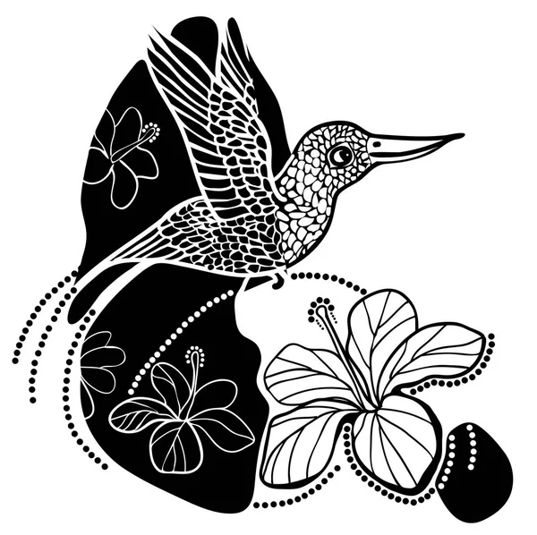 Illustration vectorielle du colibri et des fleurs noir et blanc — Image vectorielle