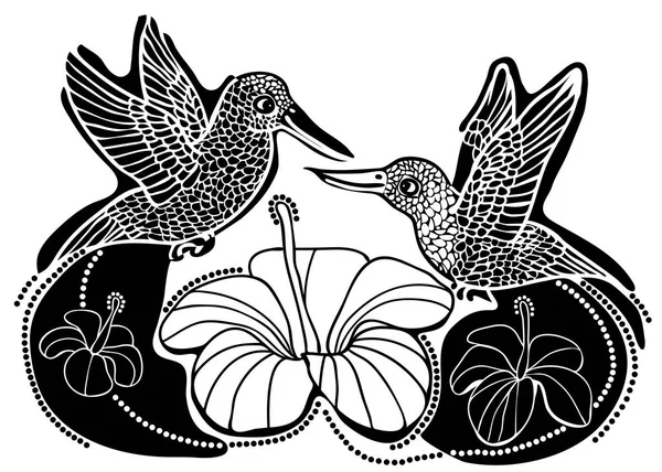 Ilustración vectorial de colibríes enamorados y flores en blanco y negro — Vector de stock