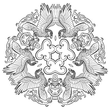 Celtic vektör çizim süsleme mandala siyah beyaz ravens 