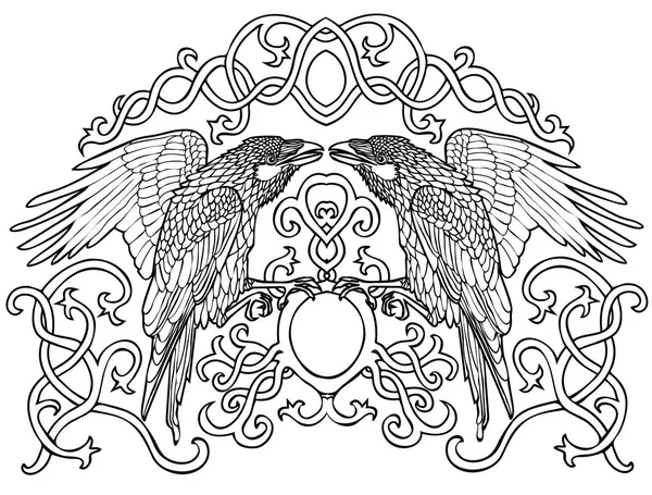 Vector illustration of Celtic ravens pair black and white — Stock Vector