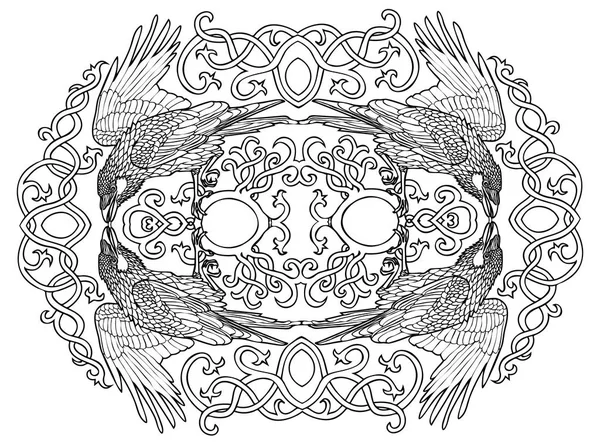 Vektor ilustrasi komposisi burung gagak Celtic oval hitam dan putih - Stok Vektor