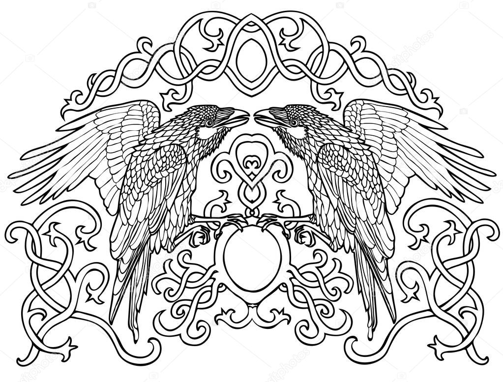 Vector illustration of Celtic ravens pair black and white 