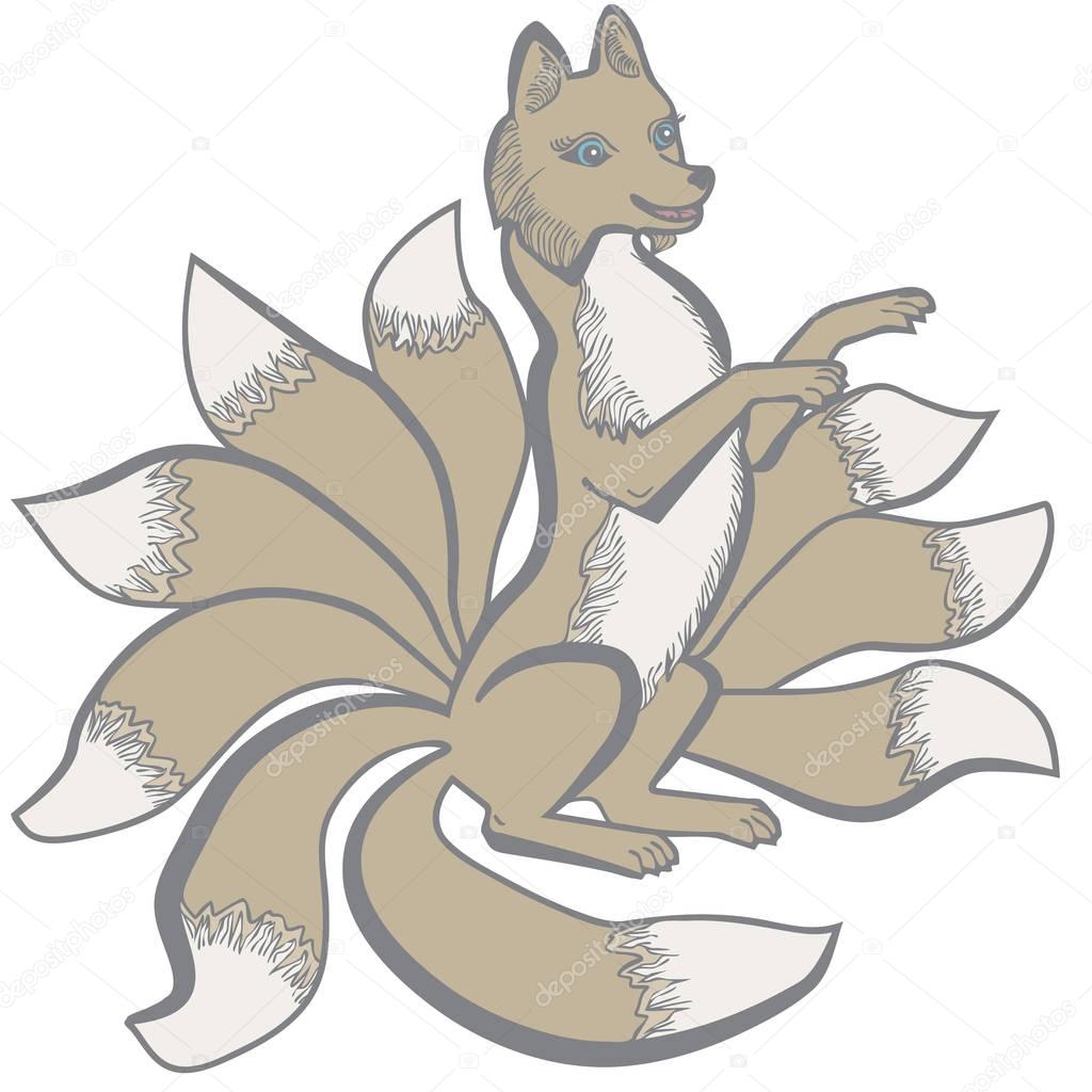 Vector illustration of kitsune nine tailed fox colorful 