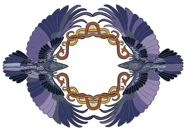 Illustrazione vettoriale di coppia corvi celtici in cornice d'amore colorato — Vettoriale Stock