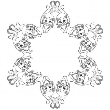 Vektör çizim sevimli kedi, kedi yavrusu yuvarlak kare siyah ve beyaz 