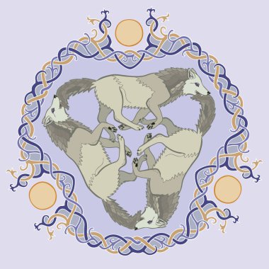 Vektör çizim üç kurt viking fantastik Celtic knot triskelion, renkli, Triskele ruh, beden ve zihin eski bir semboldür. 