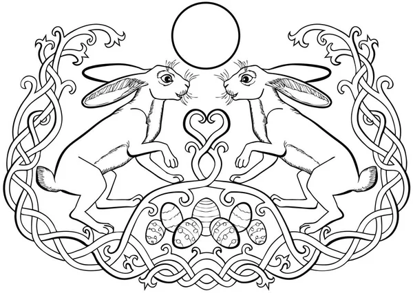 Illustration vectorielle de la paire de lapins de Pâques et des œufs noir et blanc . — Image vectorielle