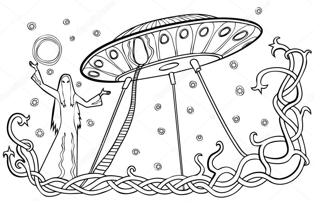 Vector illustration alien and flying saucer UFO, fantasy symbol of mystery and ancient knowledge