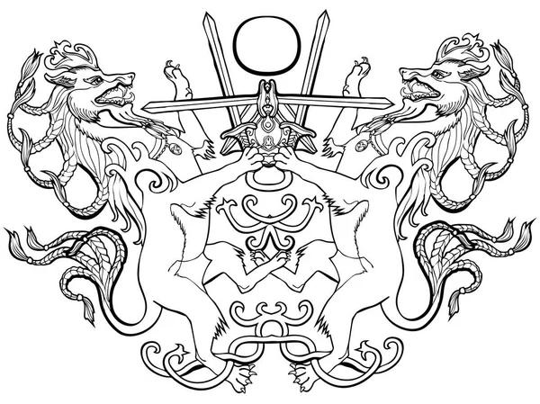 Ilustracja wektorowa herb fantasy zwierzęta miecz walka czerni i bieli — Wektor stockowy