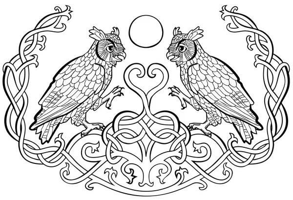 Illustrazione vettoriale di gufi innamorati Ornamento celtico bianco e nero — Vettoriale Stock