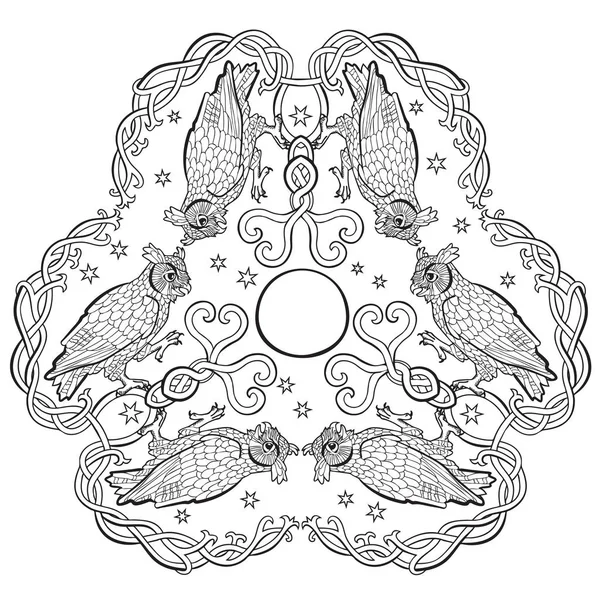 Ilustração vetorial de seis corujas Celtic fantasia triângulo ornamento mandala preto e branco — Vetor de Stock