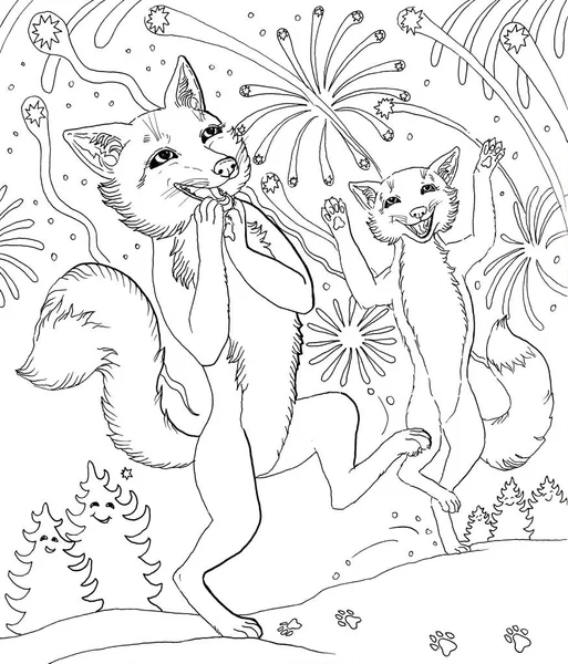 Illustration dessinée à la main de deux renards et feux d'artifice délice émotion noir et blanc — Photo