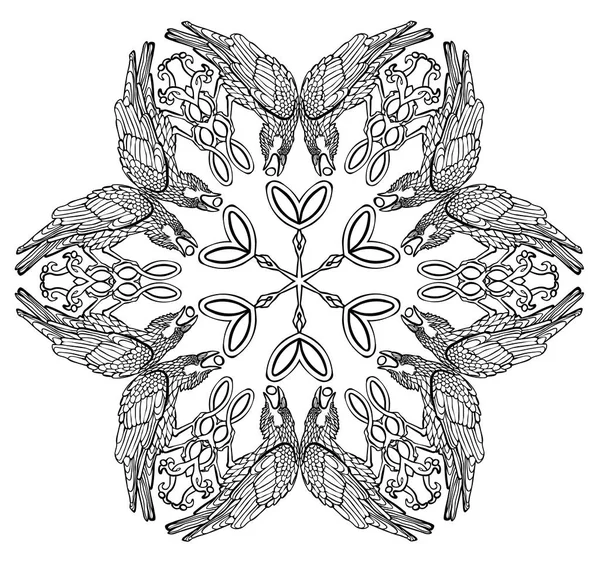 Illustration vectorielle du symbole celtique viking corbeaux mandala noir et blanc — Image vectorielle